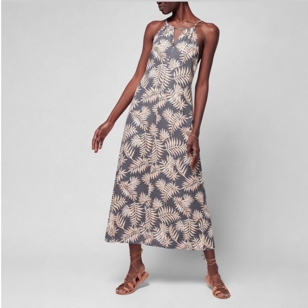 Faherty Brigette Dress Tropical Palm Linen Blend Halter Maxi Dress Small WDU2225